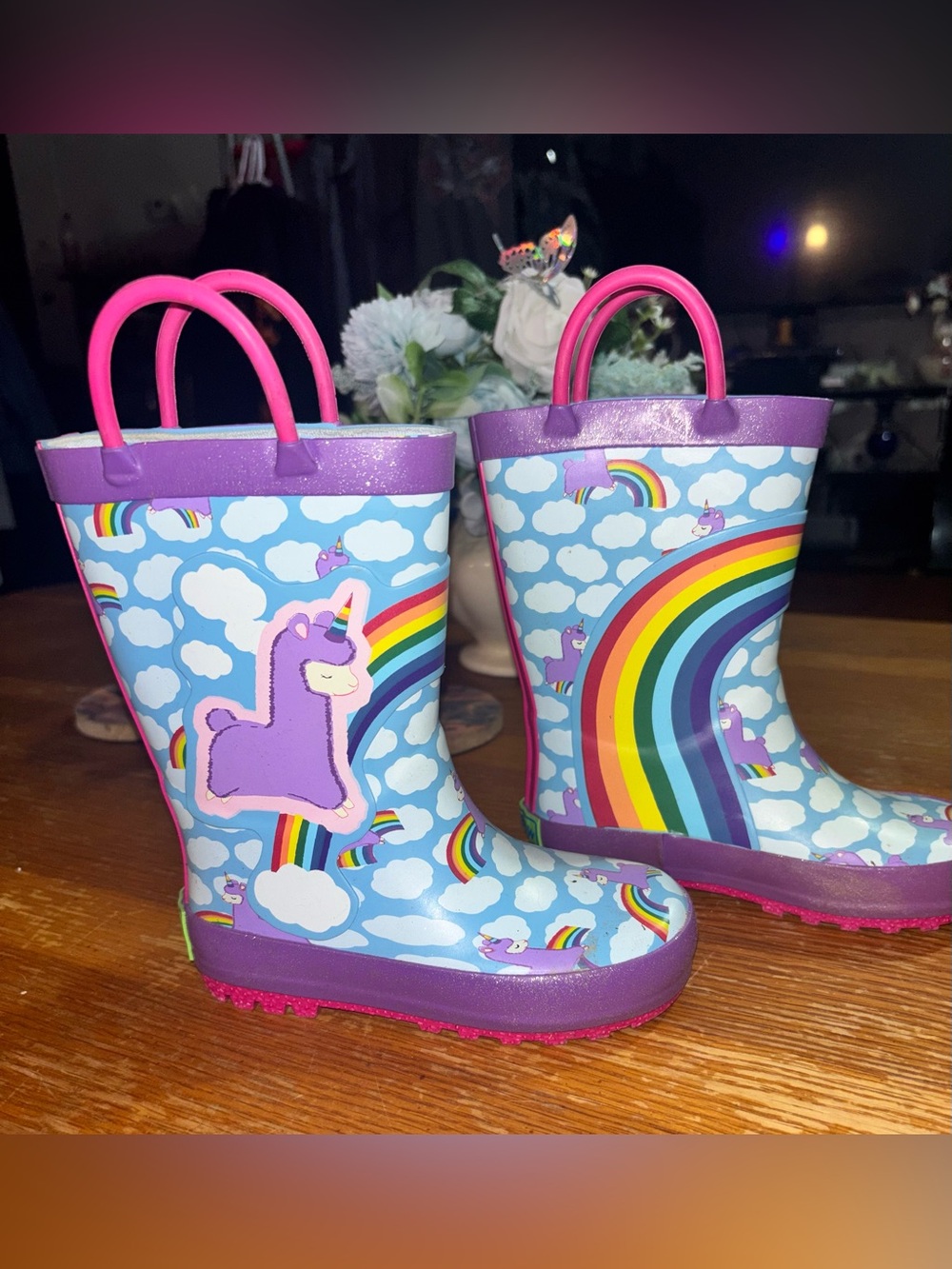 Kids Unicorn & Rainbow Rain Boots - Purple and Pink